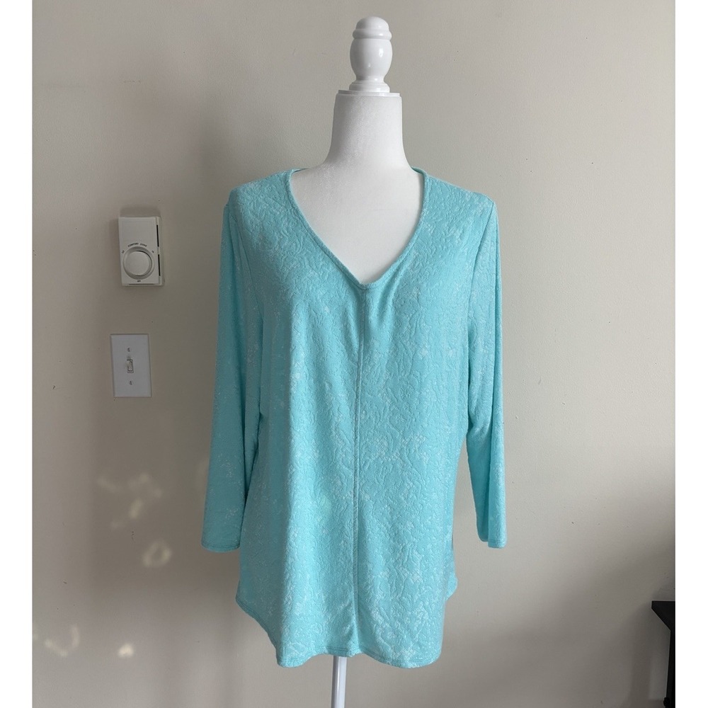 Habitat Clothing Womens Large V Neck Shirt Blue Center Seam Stretch Coastal Boho